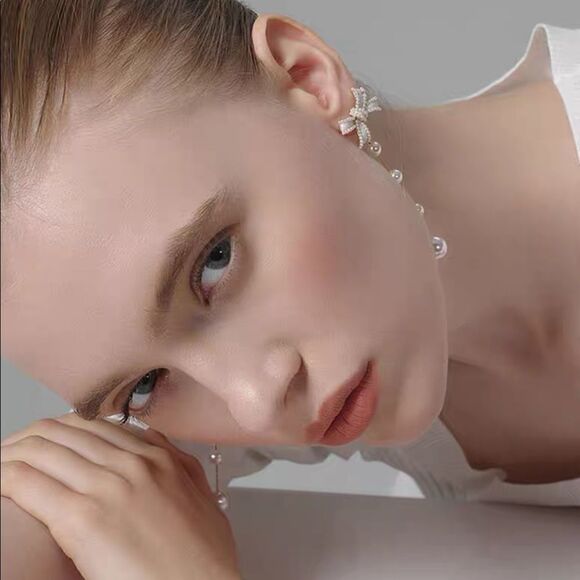 New Beautiful Bow-knot With Pearl Long Tassel Earrings 2 in 1 - Picture 7 of 12